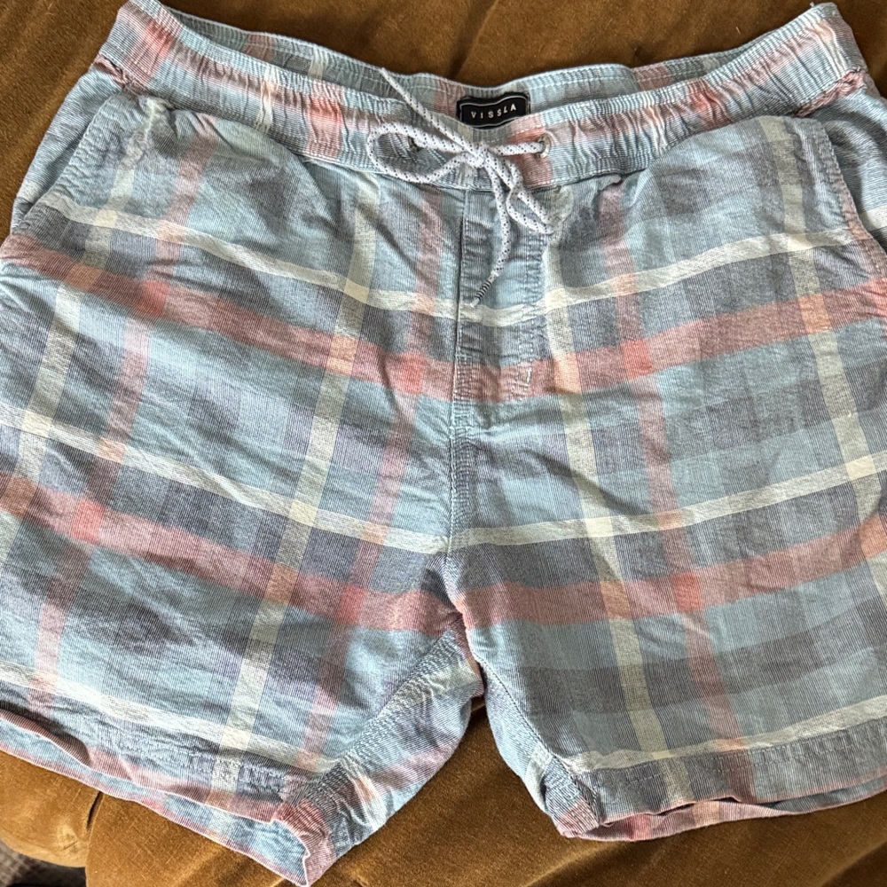 Vissla Men's Plaid Casual Shorts - Blue and Pink, M, 5.5” inseam